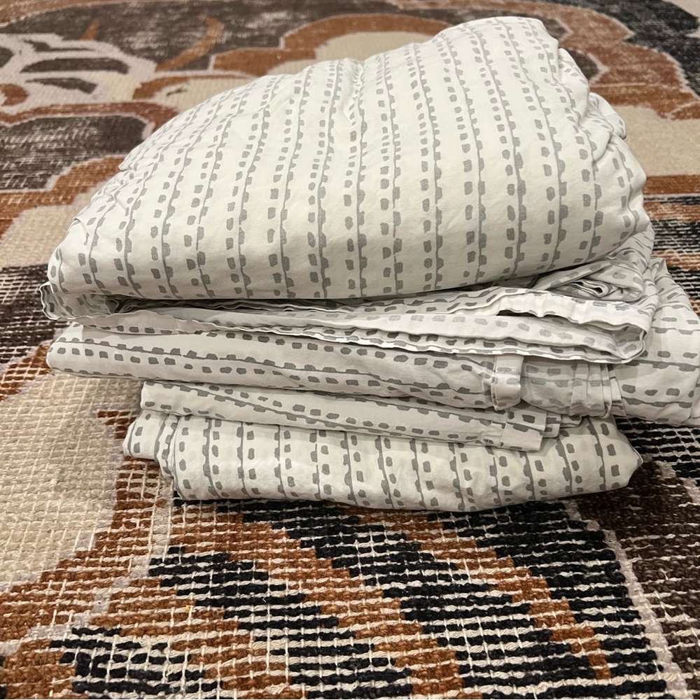 West Elm White and Light Gray Dotted Stripe Bedding Set